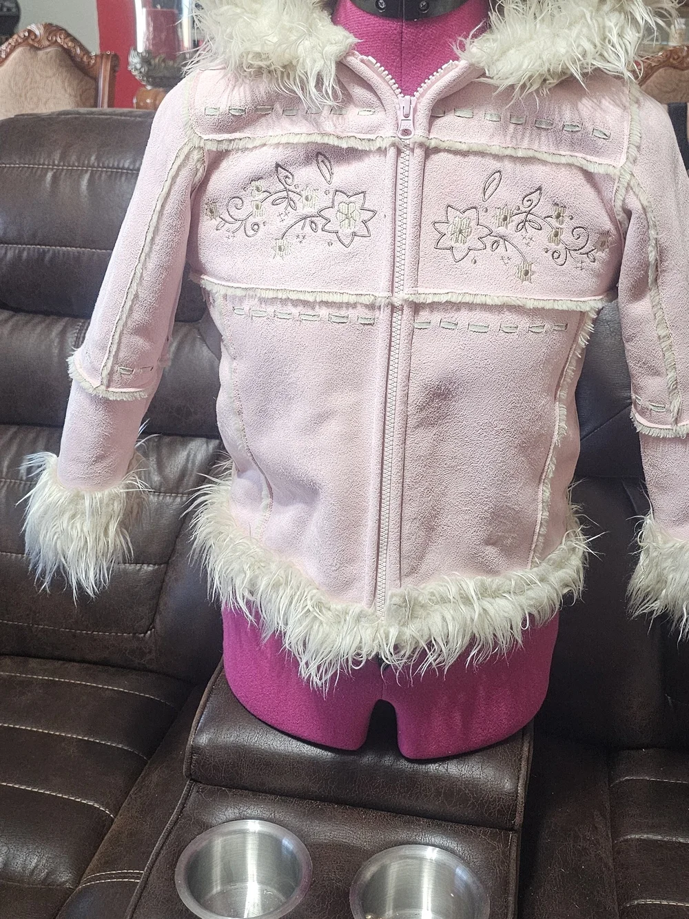Arizona Jean Company Girls Pink Faux-Fur Trim Hooded Jacket